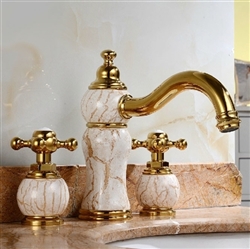 Luxury Natural Jade Gold Finish Sink Faucet Dual Handles Mixer Tap Centerset