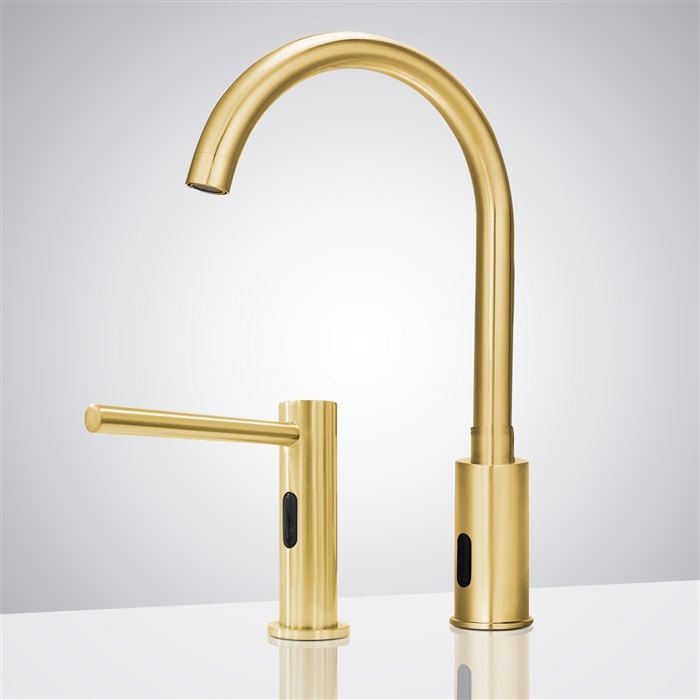 Lima Hotel Brushed Gold Gooseneck Automatic Sensor Faucet & Commercial Motion Sensor Soap Dispenser For Restrooms