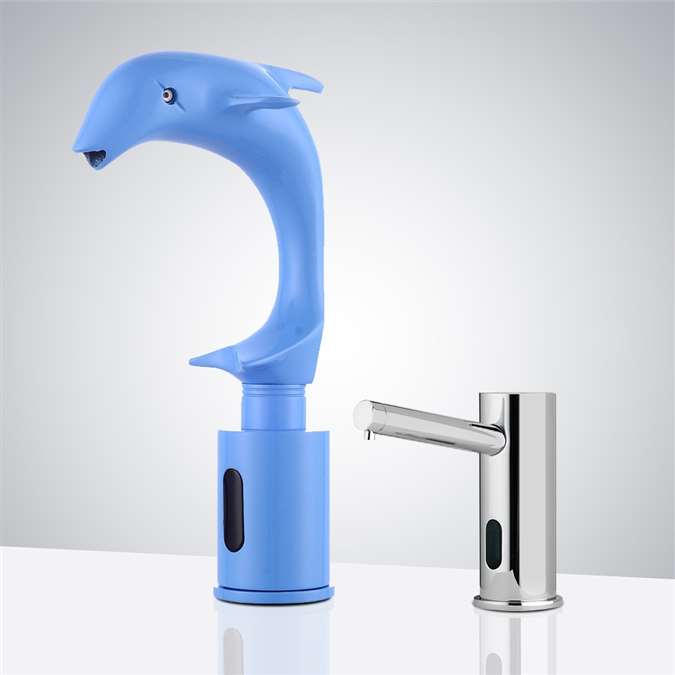 Austin Blue Painted Solid Brass Dolphin Shaped Automatic Sensor Faucet and Automatic Soap Dispenser in Chrome