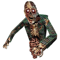 Give your guests a scare they will talk about for years with this 3-D Zombie Wall Decoration. Five separate pieces make one realistic and scary-looking Zombie. The decoration is made of cardstock material and measures 32 inches by 34 inches.