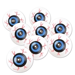 Perfect for crafts or spooky decor, these round plastic eyeballs can be used in many ways! White balls feature blue irises surrounded by  red bloodshot. Each eyeball measures approximately 1-1/2 inches in diameter. Eight eyeballs per package.