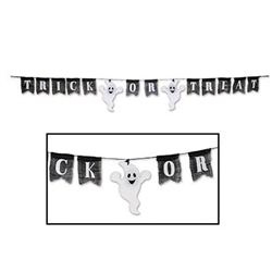 The Fabric Trick Or Treat Streamer w/Ghosts has 12 black burlap pennants (5 1/2 in by 7 in) with white lettering and 2 white polyester wadding ghosts (10 in by 13 in). Each streamer measures 13 inches by 9 feet long. Contains one (1) per package.