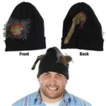 The Rat Knit Cap is the perfect accessory for a zombie or gory Halloween costume. A black stretch-knit cap is adorned with a furry rat protruding from both the front and back of this hat. One size fits most. No returns.