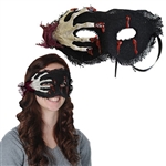 The Skeleton Hand Mask is a fabric covered half mask, adorned with a fake skeleton hand and accented with fake blood. Covered in loosely woven black fabric, with attached tie strings. Sized to fit most heads. Not eligible for returns.
