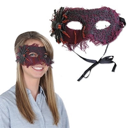 This Spider Mask will hide your identity by covering your the upper half of your face. Mask is made of stiff, woven maroon fabric decorated with a black plastic spider and web. Tie strings are attached, to easily adjust to most head sizes. No returns.