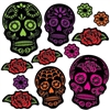 The Day Of The Dead Sugar Skull Cutouts will look great attached to walls! Printed on card stock, each double-sided cutout features an intricately printed design on either flowers or skulls. Colors of cerise, green, purple, red, and orange. 12 per pkg