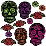 The Day Of The Dead Sugar Skull Cutouts will look great attached to walls! Printed on card stock, each double-sided cutout features an intricately printed design on either flowers or skulls. Colors of cerise, green, purple, red, and orange. 12 per pkg