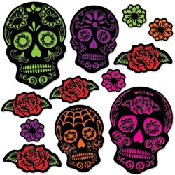 The Day Of The Dead Sugar Skull Cutouts will look great attached to walls! Printed on card stock, each double-sided cutout features an intricately printed design on either flowers or skulls. Colors of cerise, green, purple, red, and orange. 12 per pkg