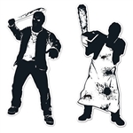 These black and white cardstock psycho Silhouettes will give your guests goosebumps! One is everyone's favorite hockey mask wearing murderer and the other is a butcher turned killer waving a bloody chainsaw around.  Comes two silhouettes per package.