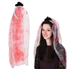 The Bloody Veil Headband is adorned with a  black silk rose and has a fake blood stained two foot long white tulle veil hanging from the back. Comes one per package. Complete your zombie bride Halloween costume! No returns.