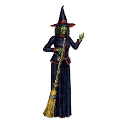 The Jointed Witch is a cardstock cutout that measures 6 feet 2 inches tall. A separate card stock broom is included, which measures over 4 feet tall. Printed on one side, this is the perfect accessory for creating that scary Halloween entrance.