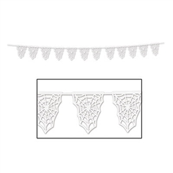 The Spider Web Die-Cut Pennant Banner features intricately cut white paper pennants attached to a 15-foot, white satin ribbon. Pennants look like spider webs and come pre-strung. Pennants measure 9.5 inches long by 7.5 inches wide. One banner per pkg.