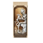 The Mummy Restroom Door Cover is made of all weather plastic material and measures 30 in by 6 ft. Printed on the front is a mummy sitting on the toilet wrapped in toilet paper. Indoor and outdoor use. Printed one side only. Contains one per package.