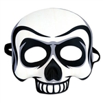 The Skull Half Mask is made of white molded plastic with black and grey highlights. Has elastic attached. Measures approximately 6 1/2 in wide and 6 3/4 in tall. One size fits most. Contains one per package. No returns.