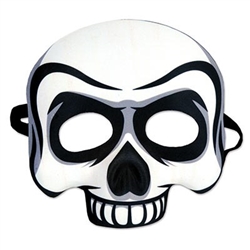 The Skull Half Mask is made of white molded plastic with black and grey highlights. Has elastic attached. Measures approximately 6 1/2 in wide and 6 3/4 in tall. One size fits most. Contains one per package. No returns.