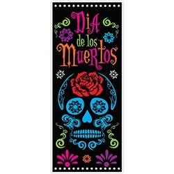 The Day Of The Dead Door Cover is made of all weather plastic and measures 30 inches wide and 6 feet tall. Features a skull and flowers in the traditional vibrant colors. Contains one (1) per package.