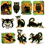 The Vintage Halloween Fluorescent Cutouts are made of cardstock and printed on two sides. Sizes range in measurement from 8 1/2 inches to 13 3/4 inches. Contains (10) per package. Simple assembly required.