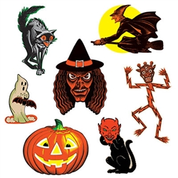 The Vintage Halloween Classic Cutouts are made of cardstock and printed on two sides. Sizes range in measurement from 9 1/2 inches to 16 inches. Contains 7 cutouts per package.