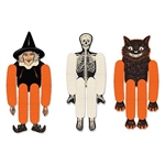 The Vintage Halloween Tissue Dancers are made of cardstock and tissue. Their heads, bodies, hands, and feet are made of cardstock with tissue arms and legs. Includes a witch, skeleton, and cat. Measure 14 inches. Completely assembled. Contains 3 per pack.