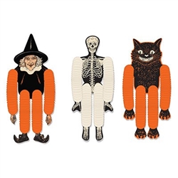 The Vintage Halloween Tissue Dancers are made of cardstock and tissue. Their heads, bodies, hands, and feet are made of cardstock with tissue arms and legs. Includes a witch, skeleton, and cat. Measure 14 inches. Completely assembled. Contains 3 per pack.