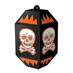 The Vintage Halloween Skull Paper Lanterns are made of cardstock and measure 7 inches tall and 3 1/2 inches wide. They're black and printed with a white skull with orange embellishments. Contains 3 per package. Simple assembly required.