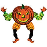 The Vintage Halloween Jointed Goblin is made of cardstock, printed on two sides. It has a jolly facial expression and is dressed in a green and yellow striped shirt, orange and yellow striped pants, and orange shoes. Measures 30 inches tall. (1) per pack.