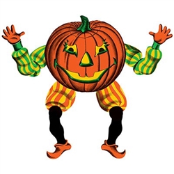 The Vintage Halloween Jointed Goblin is made of cardstock, printed on two sides. It has a jolly facial expression and is dressed in a green and yellow striped shirt, orange and yellow striped pants, and orange shoes. Measures 30 inches tall. (1) per pack.