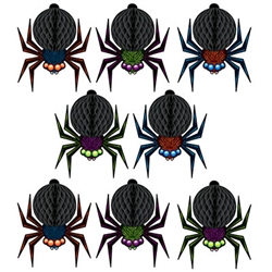 Add a little creepy to your Halloween decorations with these Mini Tissue Spiders!    The can be use as a hanging decoration with the included cord or as centerpieces - it's up to you.  Printed both sides in vibrant color they're completely assembled