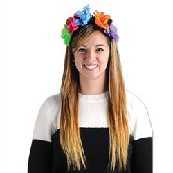 The Day Of The Dead Flower Headband is a black elastic headband covered in vibrant flowers and each has a skull in the middle. Fits full head size. One size fits most. No returns.