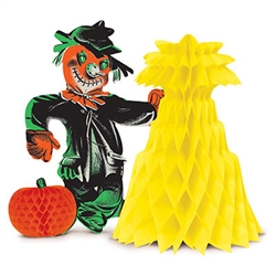 Vintage Halloween Scarecrow Centerpiece - Halloween fun for your table top!  This Vintage Halloween Scarecrow Centerpiece is reproduced from the original 1959 design.  The centerpiece stands 10.75" tall and open full round.  No assembly necessary!