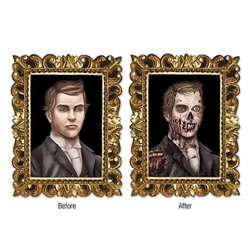 The Lenticular Zombie Portrait Cutout measures 15 3/4 inches tall and 12 inches wide. It looks like its a portrait of a handsome man but if you look at it from a slightly different angle it transforms into an eerie zombie. One per package.