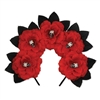 The Day of the Dead Floral Headband is a black headband adorned with red fabric flowers and black leaves. Each flower features a small plastic creepy face bead in the center. One size fits most adults. No returns. One per package.