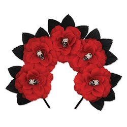 The Day of the Dead Floral Headband is a black headband adorned with red fabric flowers and black leaves. Each flower features a small plastic creepy face bead in the center. One size fits most adults. No returns. One per package.