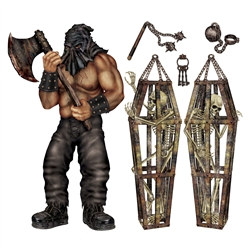 The executioner is here and that means one thing; you now have an awesome Halloween wall scene! Amuse yourself by giving your guests a scary welcoming by having them be greeted into a room by the Executioner and Skeleton Props! Six pieces per package.