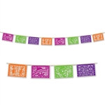 The Day of the Dead Picado Banner measures twelve feet in length and features plastic panels in alternating fuchsia, green, purple and orange colors.
