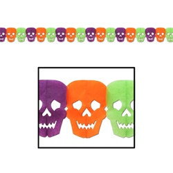 Hang this 12 foot long Skull Garland in a door way, above a fireplace, or as a table trim for a real touch of Halloween.