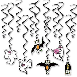 The Vintage Halloween Whirls are black metallic spiral whirls and (6) have cardstock icons of ghosts and bats attached to the end and (6) are plain. Sizes range from 17 1/2 inches to 29 1/2 inches. Contains twelve (12) whirls per package.