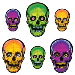 Go vintage with these classic Nite-Glow Skull cutouts.  Reproduced from an original 1973 design, each package has six glow in the dark cutouts printed both sides.
Includes Three 8.5" cutouts, Three 12.75" cutouts