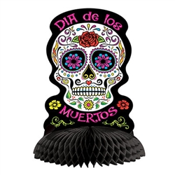 Add classic sugar skull style to your Dia De Los Muertos celebration.  This Day Of The Dead Centerpiece is an easy way to add color and interest to your tables or display.  Sold one per package, stands 10.75 inches tall, opens full round.