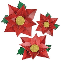 The Poinsettia Paper Flowers are made of cardstock. They're red with a gold glitter center and green leaves. One measures 12 1/2 inches, one measures 14 1/4 inches, and one measures 17 inches. Contains (3) per package. Simple assembly required.