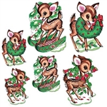 The Vintage Christmas Reindeer Cutouts are made of cardstock and printed on both sides. Features a reindeer riding a sleigh, wearing a wreath around its neck, and playing with holly berry with bells attached. 3 measure 10 in, 3 measure 14 in. (6) per pack