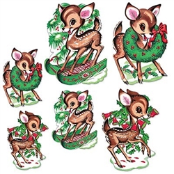 The Vintage Christmas Reindeer Cutouts are made of cardstock and printed on both sides. Features a reindeer riding a sleigh, wearing a wreath around its neck, and playing with holly berry with bells attached. 3 measure 10 in, 3 measure 14 in. (6) per pack