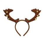 The Reindeer Antlers w/Bells  add a festive touch to your Christmas outfit. The brown felt antlers are attached to an easy to wear headband and adorned with little gold jingle bells with touches of holly leaves and berries. One size fits most. No returns.