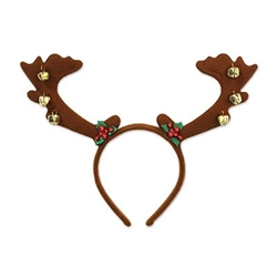 The Reindeer Antlers w/Bells  add a festive touch to your Christmas outfit. The brown felt antlers are attached to an easy to wear headband and adorned with little gold jingle bells with touches of holly leaves and berries. One size fits most. No returns.