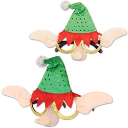 The Elf Glasses are the perfect holiday costume accessory.  Black plastic eyeglasses are adorned with gold glitter, felt elf ears, nose and topped off with a green fabric hat with red trim. Not eligible for return. One size fits most.