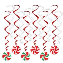 Add kinetic interest to your next party with these classic Peppermint Whirls. Each package contains 12 pieces, six  33.5 inch" long and six 17.5" long. Easy to hang with attached plastic hook.  Reusable with care