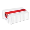 The Santa Suit Fabric Table Runner is red with white trim and at each end is a black belt with a silver glittery buckle and a white pom pom. It measures 13 inches wide and 5 feet 9 inches long. Made of fabric. Contains one per package. Surface wash only.