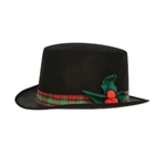 The Caroler Hat is a black hat with a colorful plaid band around the top and embellished with a felt poinsettia on the side. Has an inside circumference of 22 inches and is approx 4.5 inches high. One size fits most. One per package. No returns.