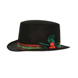 The Caroler Hat is a black hat with a colorful plaid band around the top and embellished with a felt poinsettia on the side. Has an inside circumference of 22 inches and is approx 4.5 inches high. One size fits most. One per package. No returns.