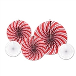 The Peppermint Accordion Paper Fans are an assortment of peppermint and white fans. 2 measure 9 inches, 2 measure 12 inches, and 1 measures 16 inches. Contains 5 per package.
